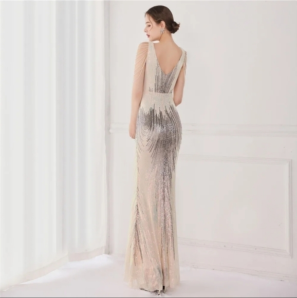 Silver/Gray Striped Print, V Neck, Backless,  Sleeveless,  Beaded, Sequined Gown - Picture 7 of 16